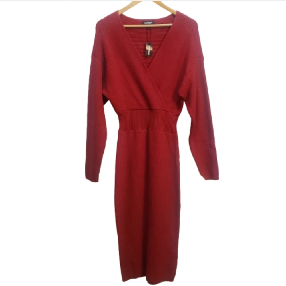 EXPRESS Ribbed Faux Wrap Top Midi Sweater Dress NWT sz: M